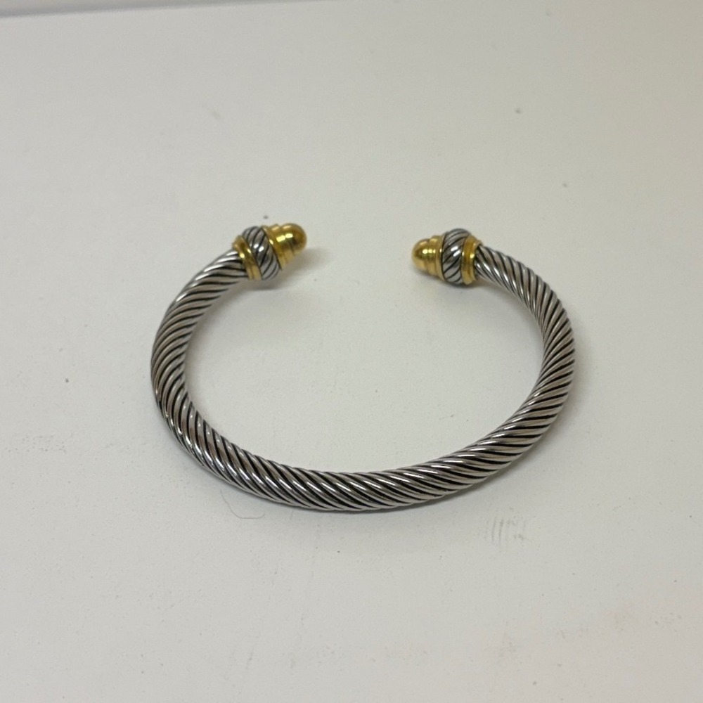 Two Tone Cable Twist Cuff Bracelet Silver Gold Dome End Caps 6.75 Inch